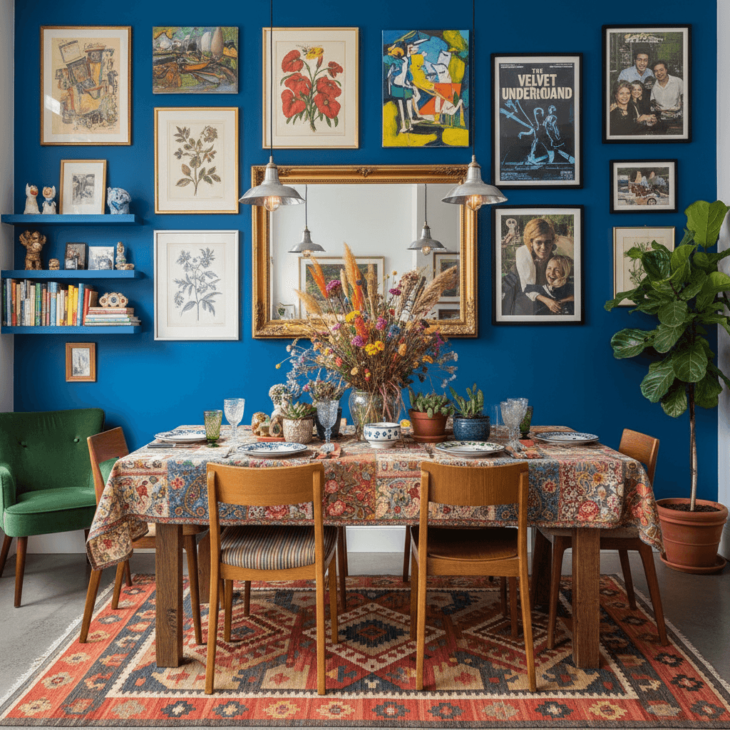 Eclectic dining room with mixed patterns and personal decor