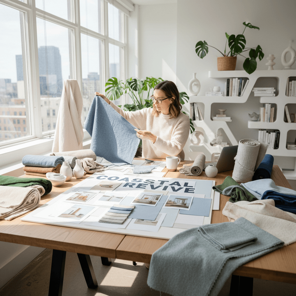 Interior designer reviewing a mood board with fabric samples in a bright studio