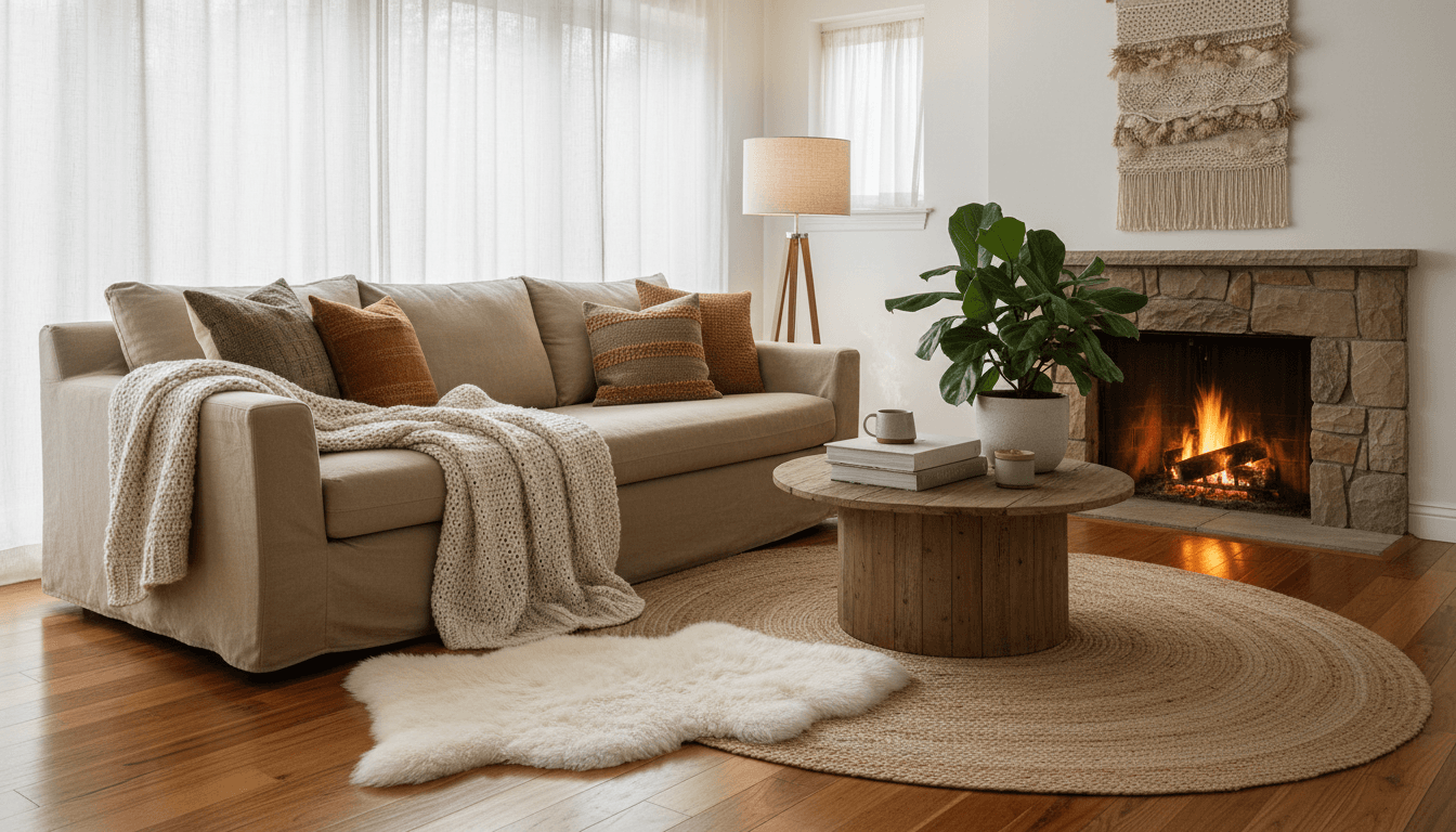 Warm and inviting living room with layered textures, natural light, and personal decor touches
