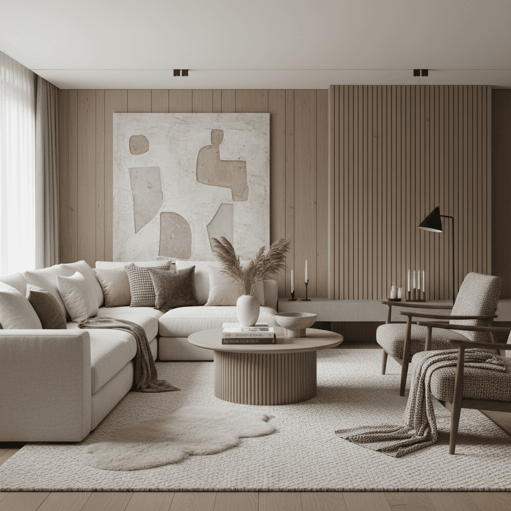Modern living room with layered neutral textures and warm light