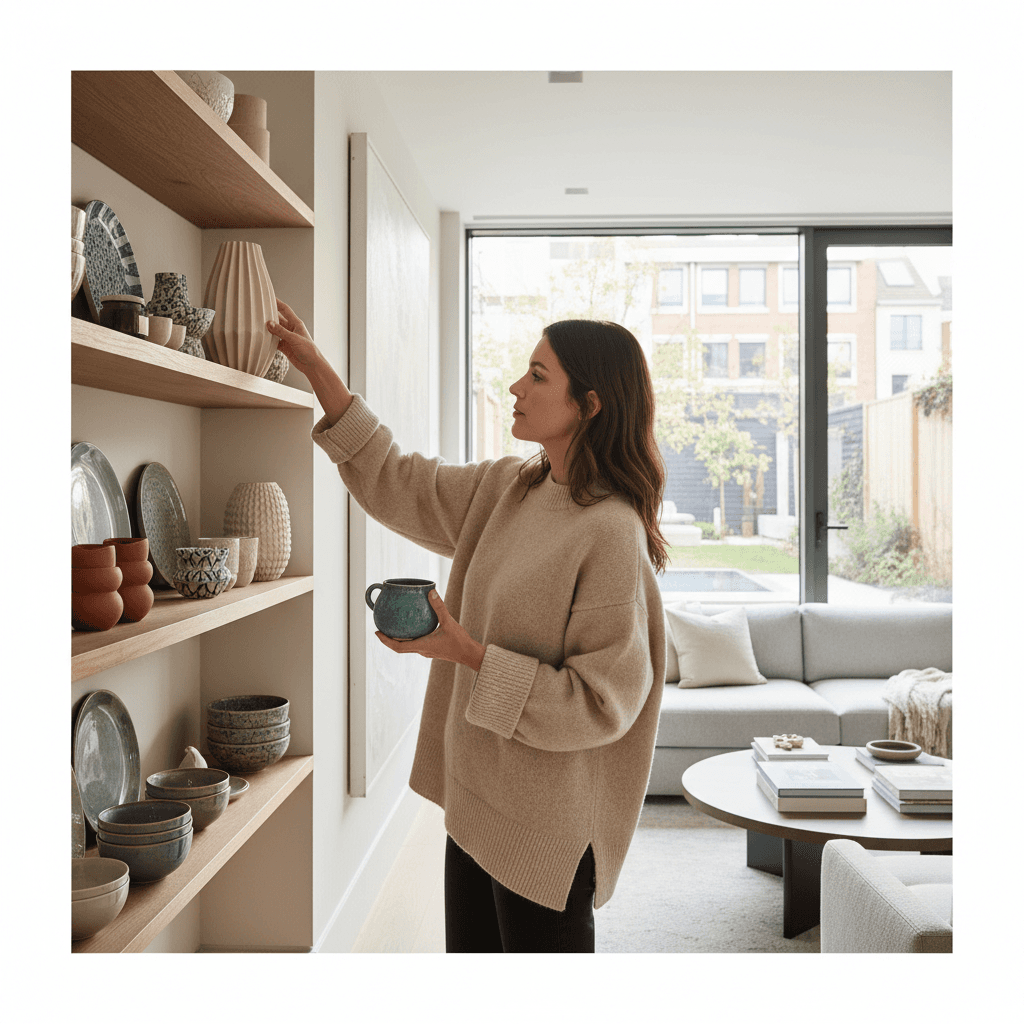 Designer selecting a decorative vase and ceramics on a shelf in a stylish home