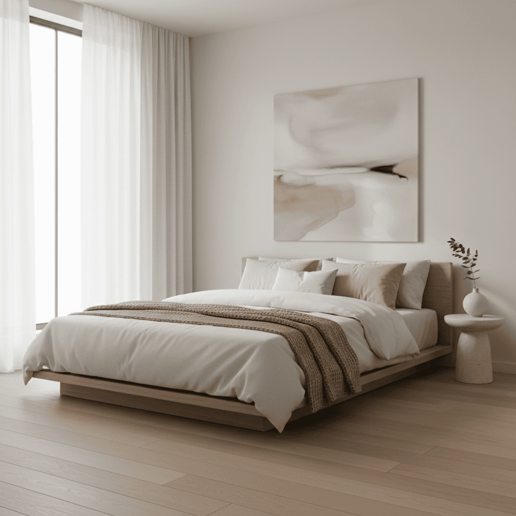 Minimalist bedroom with clean lines and soft natural light