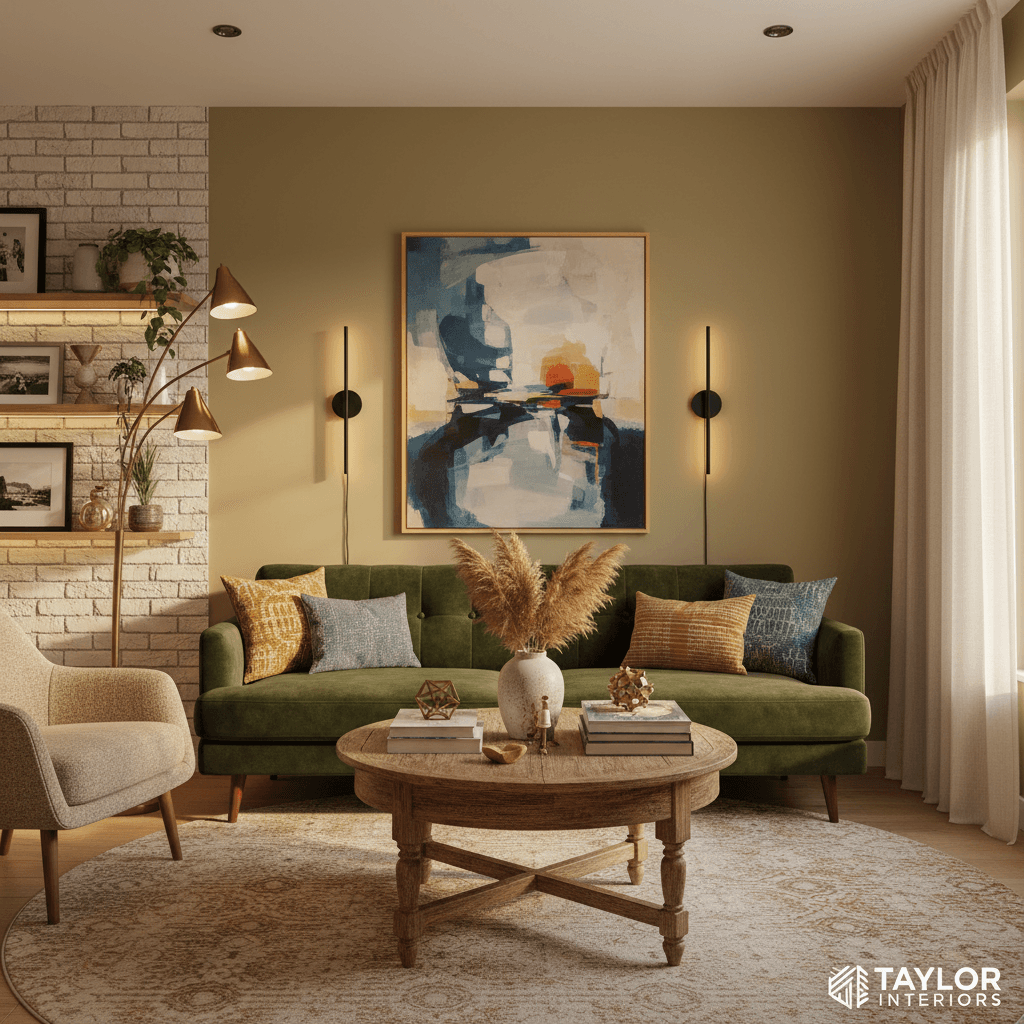 Eclectic living room with vintage furniture and modern decor, warm lighting