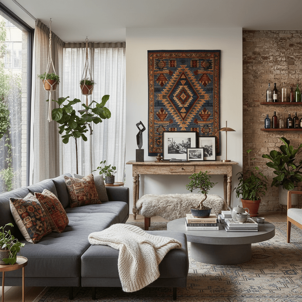Layered living space with modern and traditional elements