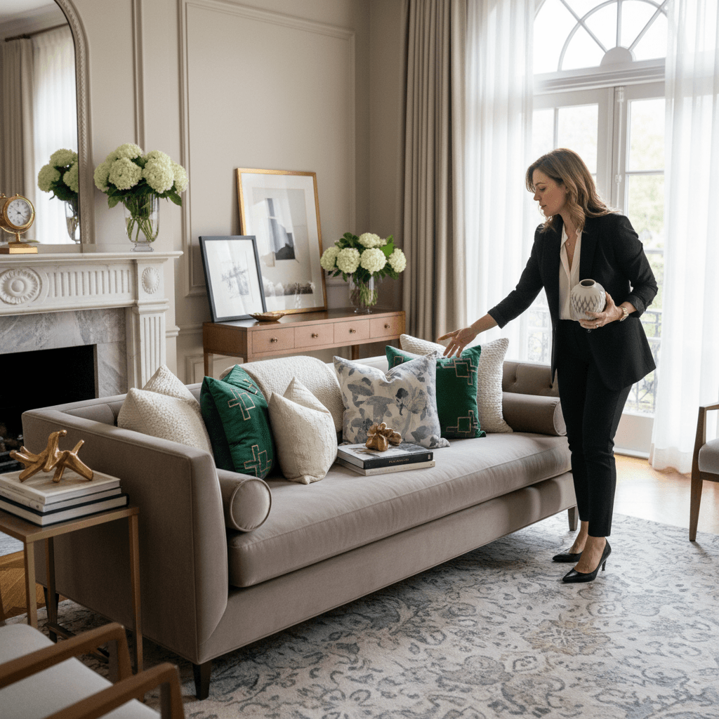 Designer arranging throw pillows and decor on a sofa in an elegant living room