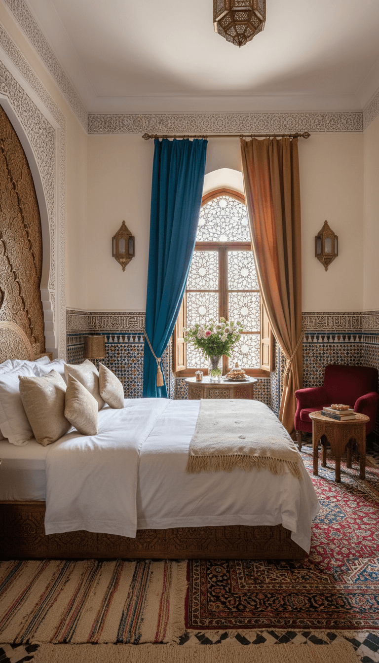 Vintage bedroom with patterned wallpaper and antique mirror