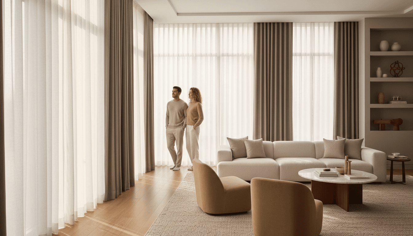 Warm, layered living room interior with natural light and curated decor
