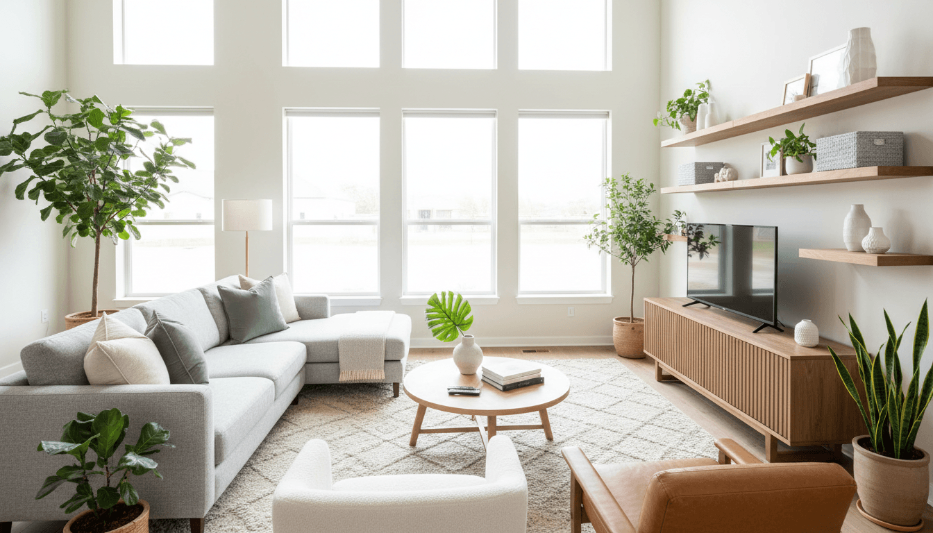 Bright contemporary living room with gray sectional, wooden console, and natural light from windows