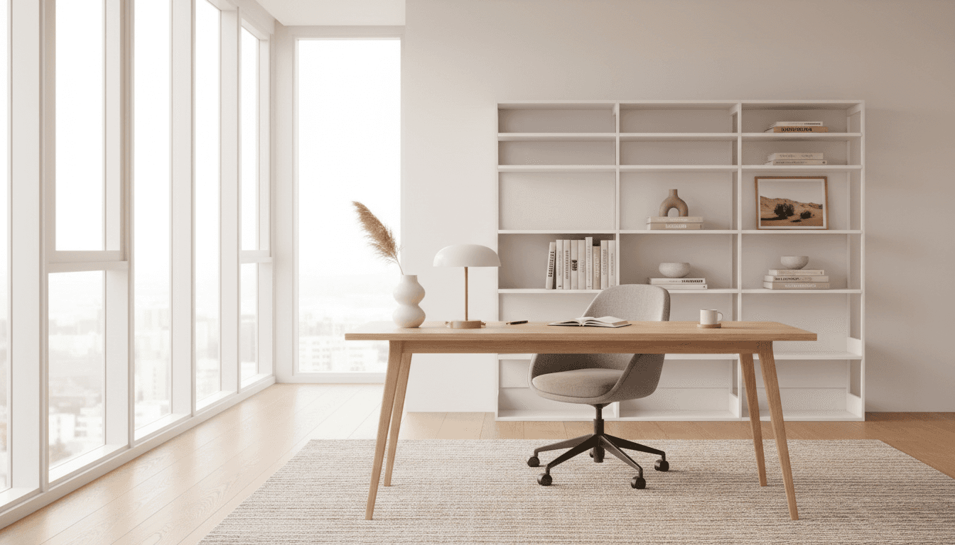 Minimalist home office with sleek desk and natural light
