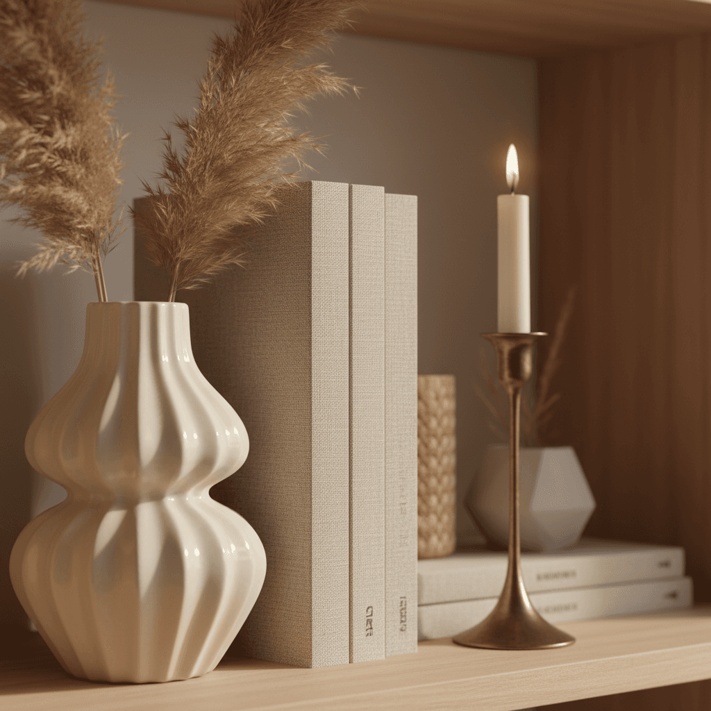 Designer styling a shelf with ceramics, books, and a vase in warm earthy tones