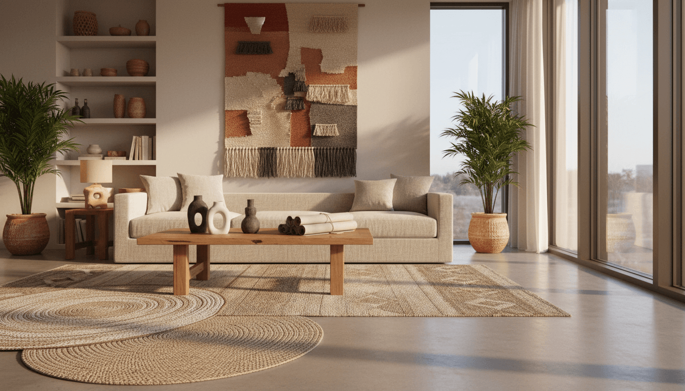 Elegant living room interior with layered textures, warm natural light, curated vintage and modern furniture