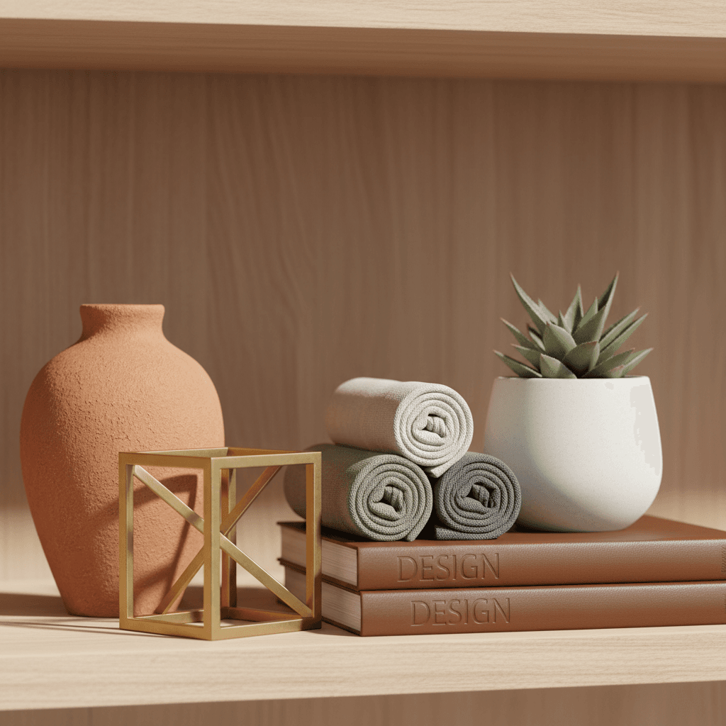 Designer selecting decorative objects from curated shelves