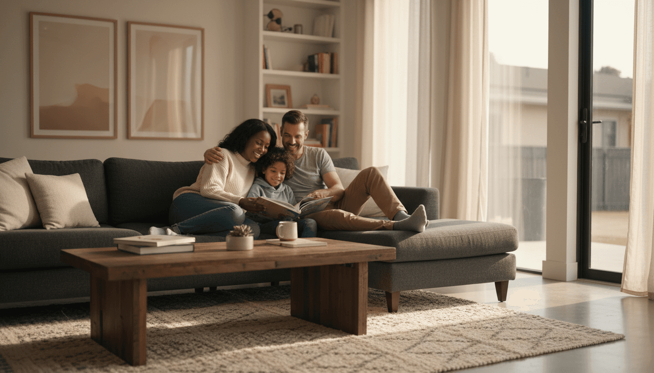Comfortable family living room with durable furniture, soft throws, and warm natural light