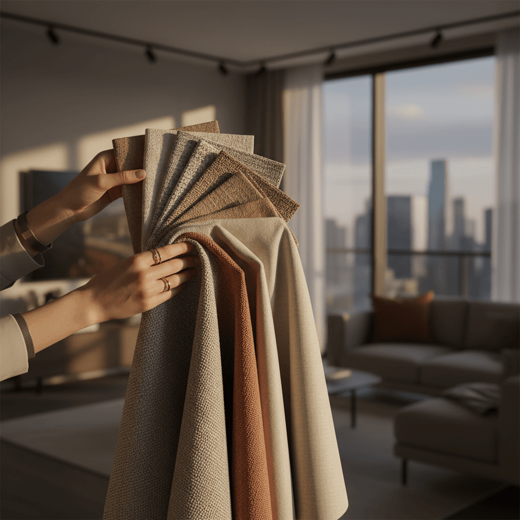 Interior designer reviewing fabric and material samples with a client at a bright table