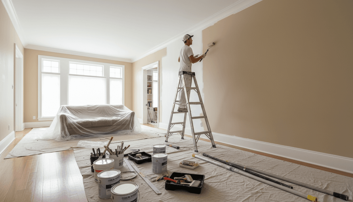Professional painter on ladder transforming residential living room with fresh wall paint, showing organized workspace and equipment
