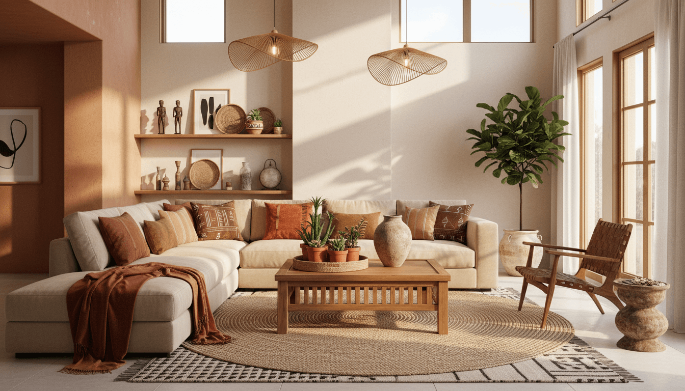 Warm modern living room with African-inspired design, neutral sectional, wooden accents, woven textiles, and natural afternoon light streaming through large windows