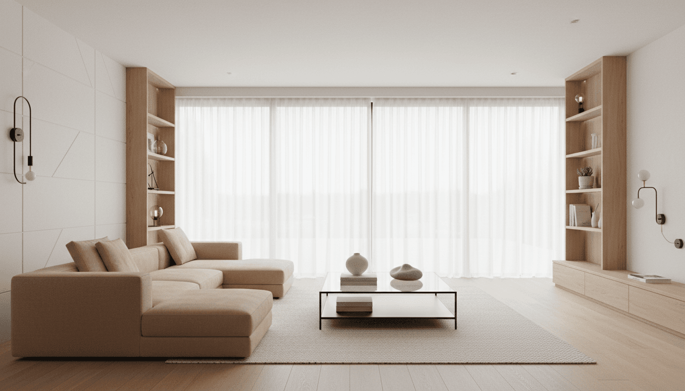 Warm, layered living room designed by Taylor Interiors with neutral tones and personal touches