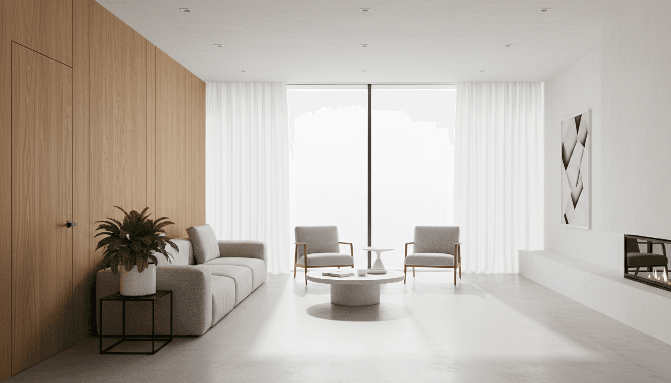 Modern living room with neutral sofas and wood accents